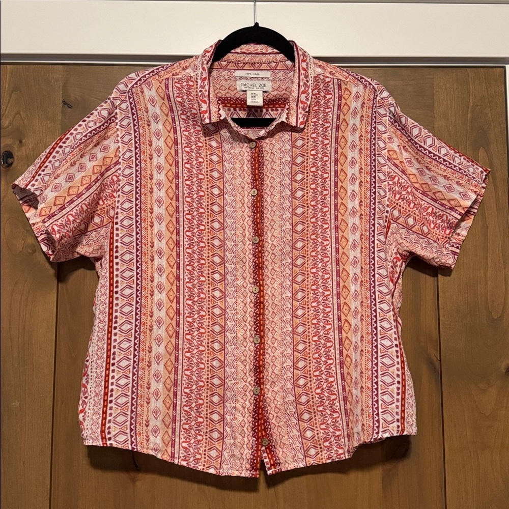 Rachel Zoe Linen Geometric Aztec Southwest Boho Crop Button Down Blouse Womens M